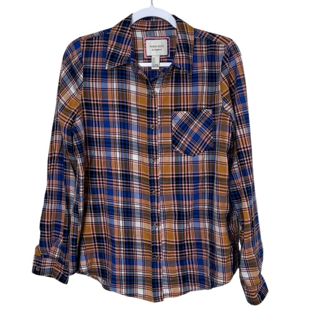 Forever 21 Boyfriend Shirt Plaid Relaxed 100% Cotton Country Colorful Size S
